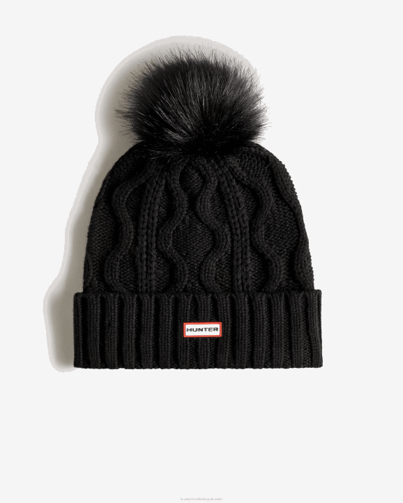 UK Hunter Men Cable Cuff Pompom Beanie Black 28BV493
