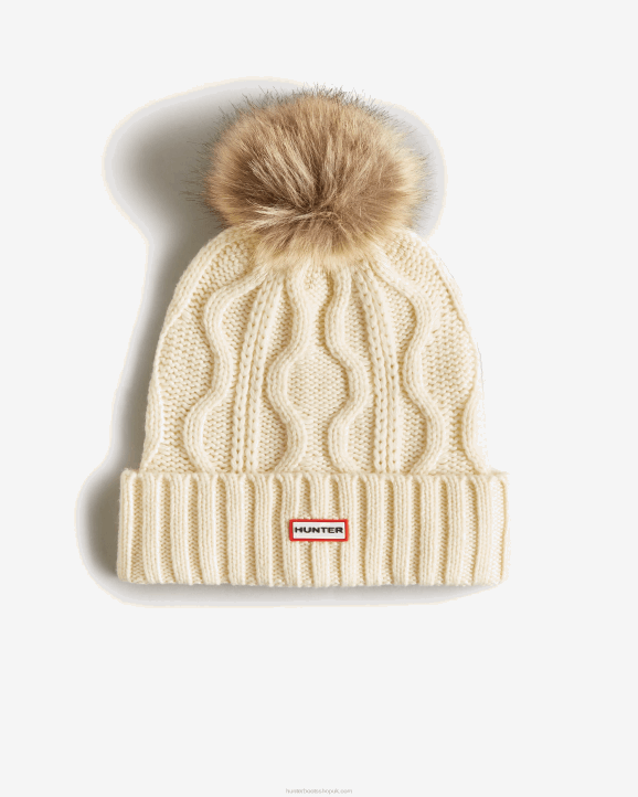 UK Hunter Men Cable Cuff Pompom Beanie White Willow 28BV494