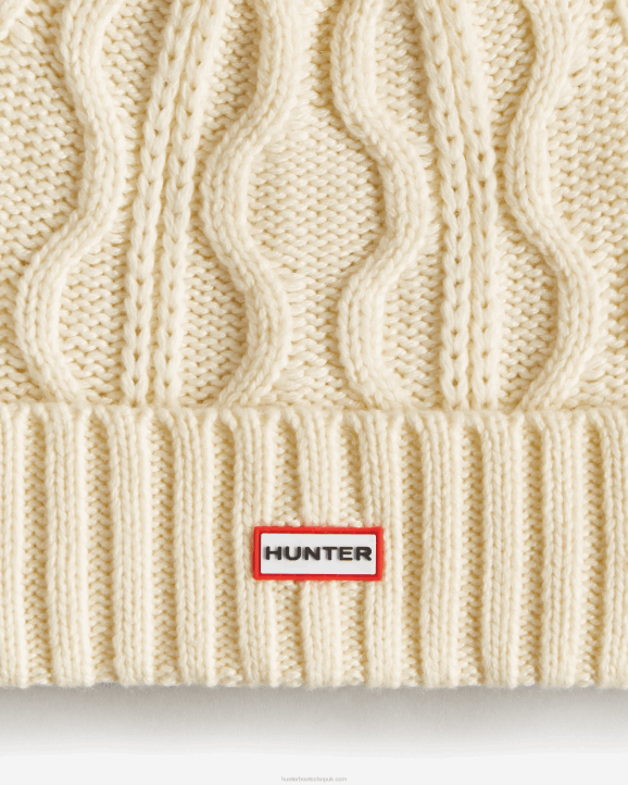 UK Hunter Men Cable Cuff Pompom Beanie White Willow 28BV494