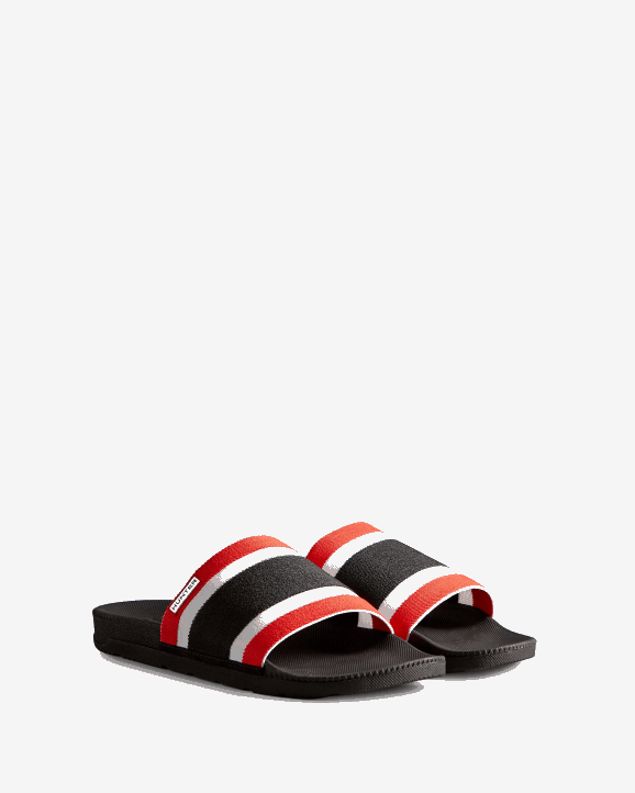 UK Hunter Men Tri-Colour Elastic Slides Black/Hunter Red/Hunter White 28BV568
