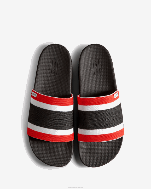 UK Hunter Men Tri-Colour Elastic Slides Black/Hunter Red/Hunter White 28BV568
