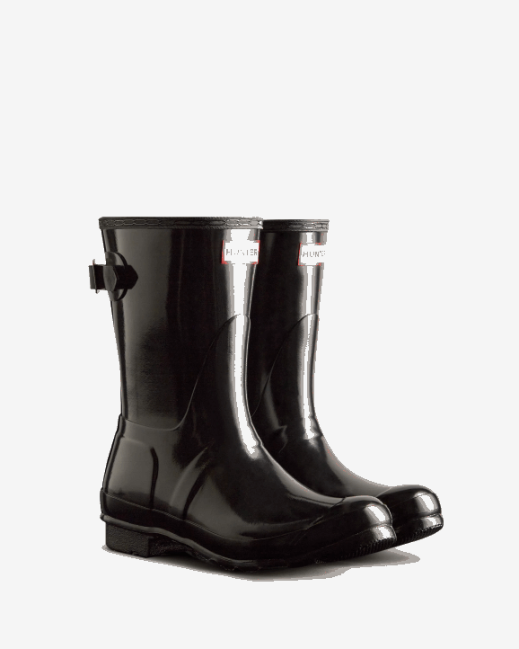 UK Hunter Women Short Back Adjustable Gloss Rain Boots Black 28BV22