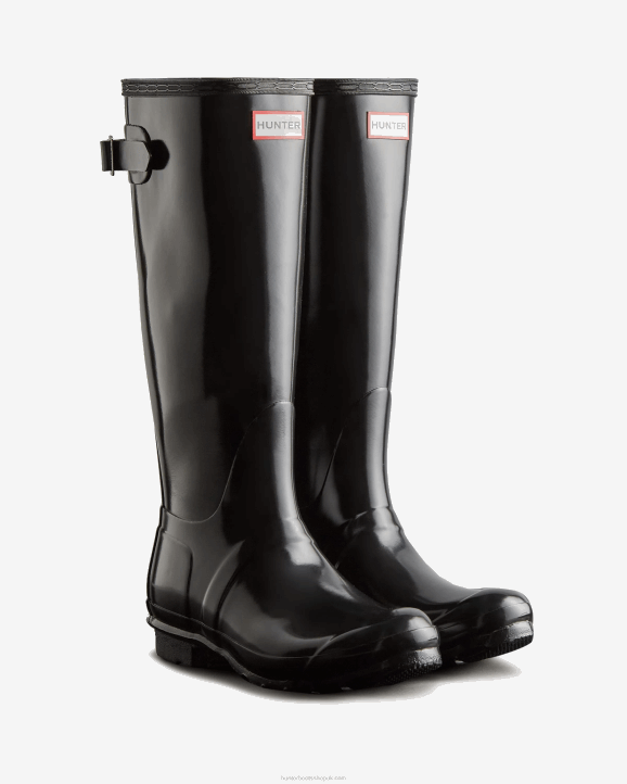 UK Hunter Women Tall Back Adjustable Gloss Rain Boots Black 28BV62