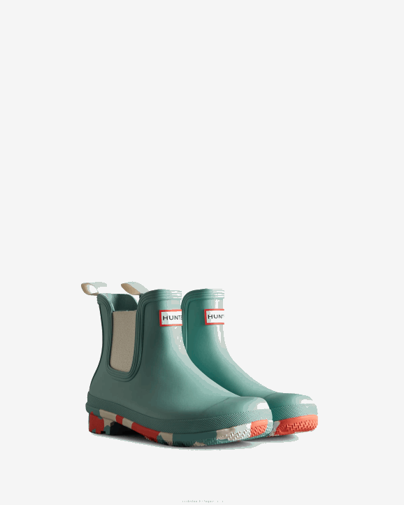 UK Hunter Women Colour Splash Sole Chelsea Boots Birdseye Blue/White Willow/Persimmon Pink 28BV280