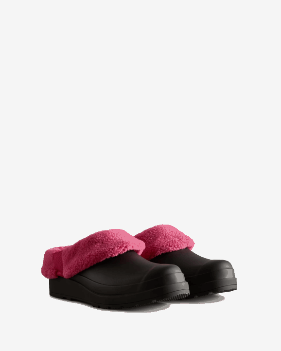 UK Hunter Women Play Vegan Shearling Insulated Clogs Black/Prismatic Pink 28BV259