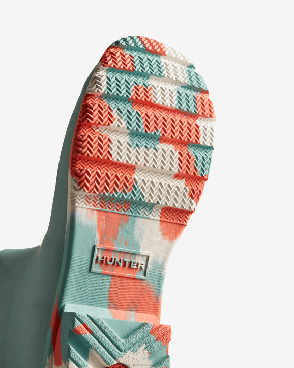 UK Hunter Women Colour Splash Sole Short Rain Boots Birdseye Blue/White Willow/Persimmon Pink 28BV132