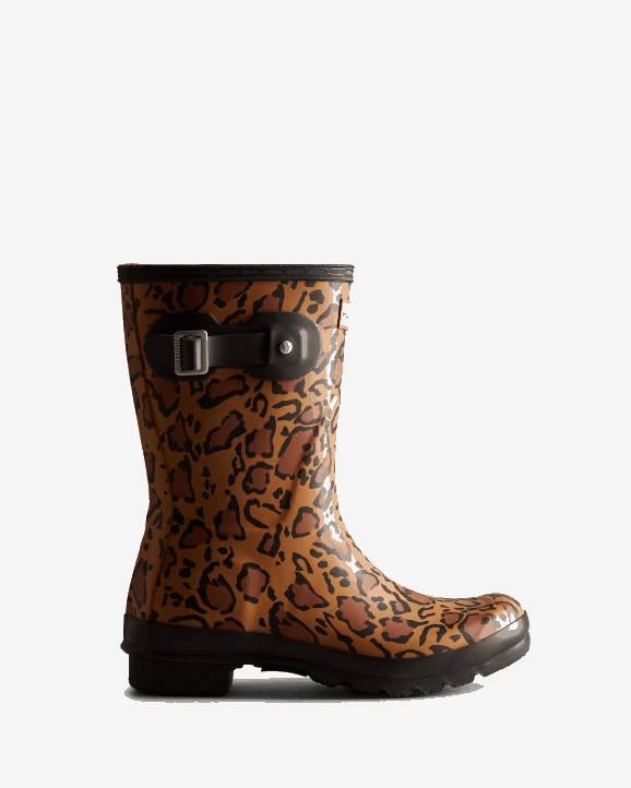 UK Hunter Women Leopard Print Short Rain Boots Rich Tan/Saddle/Black 28BV128