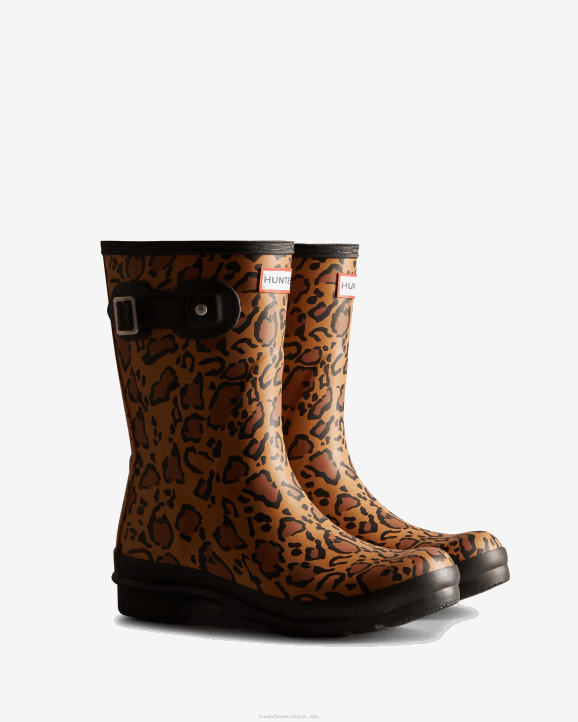 UK Hunter Women Leopard Print Short Rain Boots Rich Tan/Saddle/Black 28BV128