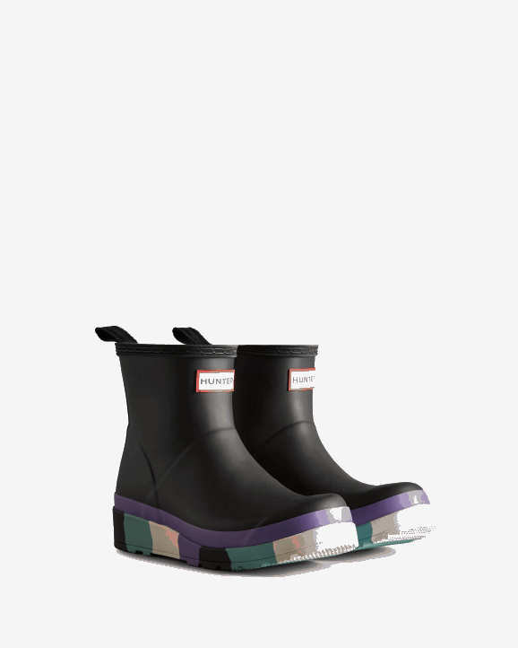 UK Hunter Women Play Short Striped Sole Rain Boots Black/Iridescent Purple/Birdseye Blue/White Willow 28BV129
