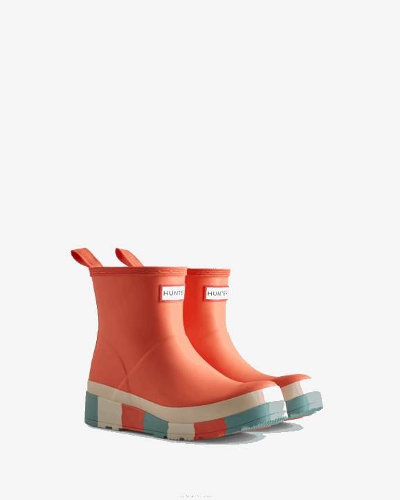 UK Hunter Women Play Short Striped Sole Rain Boots Persimmon Pink/White Willow/Birdseye Blue 28BV183