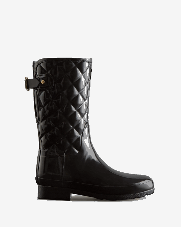 UK Hunter Women Refined Slim Fit Adjustable Quilted Short Rain Boots Black 28BV29