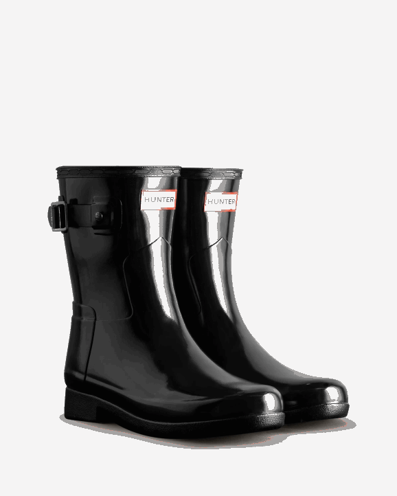 UK Hunter Women Refined Slim Fit Short Gloss Rain Boot Black 28BV178