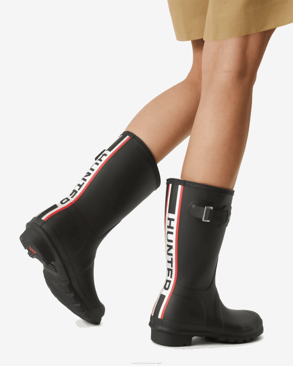 UK Hunter Women Tri-Colour Logo Backstrap Short Rain Boots Black 28BV50