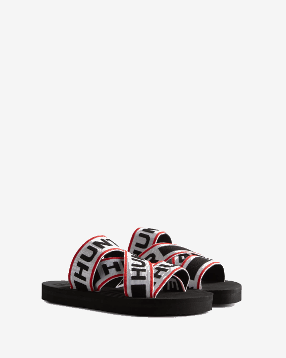 UK Hunter Women Elastic Crossover Logo Slides Black/Hunter Red/Hunter White 28BV107
