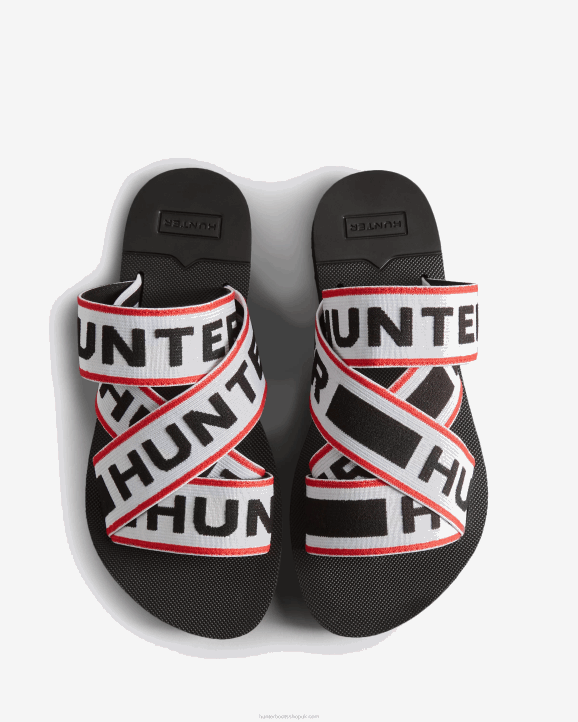 UK Hunter Women Elastic Crossover Logo Slides Black/Hunter Red/Hunter White 28BV107