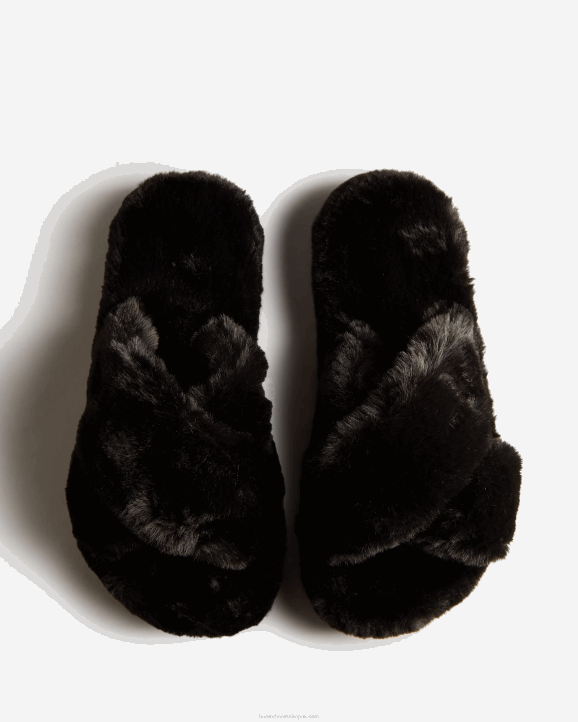 UK Hunter Women Faux Fur Flatform Crossover Slide Black 28BV324
