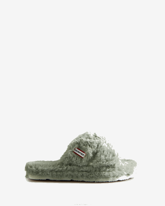 UK Hunter Women Faux Fur Flatform Crossover Slide Sweet Gale Green 28BV325
