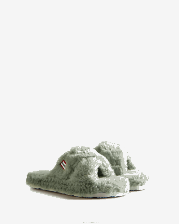 UK Hunter Women Faux Fur Flatform Crossover Slide Sweet Gale Green 28BV325