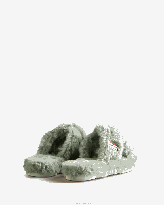 UK Hunter Women Faux Fur Flatform Crossover Slide Sweet Gale Green 28BV325