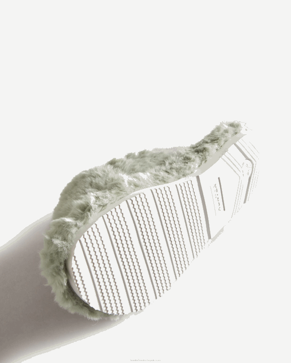 UK Hunter Women Faux Fur Flatform Crossover Slide Sweet Gale Green 28BV325