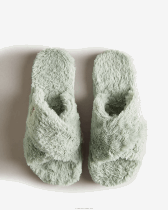 UK Hunter Women Faux Fur Flatform Crossover Slide Sweet Gale Green 28BV325