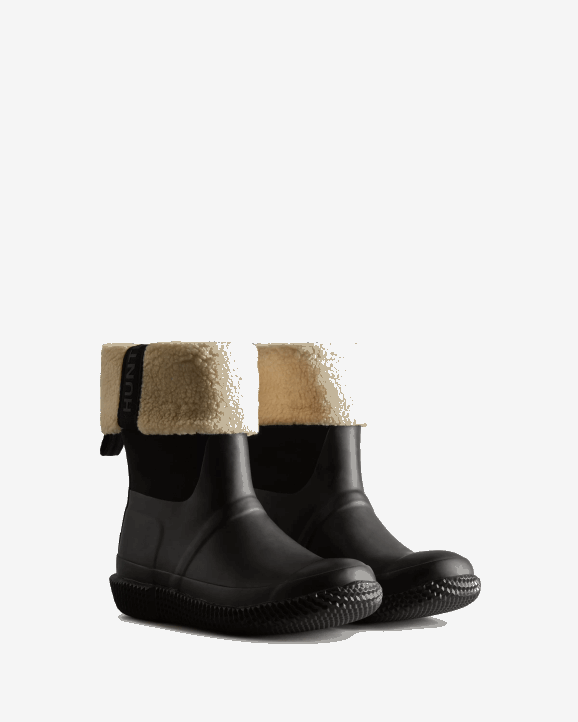 UK Hunter Women Insulated Roll Top Webbing Vegan Shearling Boots Black/White Willow 28BV300