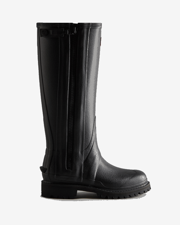 UK Hunter Women Balmoral Commando Rubber Zip Tall Rain Boots Black 28BV317