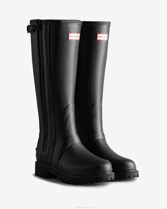 UK Hunter Women Balmoral Commando Rubber Zip Tall Rain Boots Black 28BV317