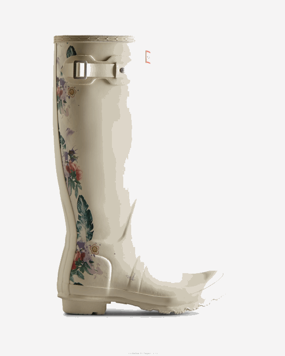 UK Hunter Women Botanical Print Tall Rain Boots Shaded White 28BV73