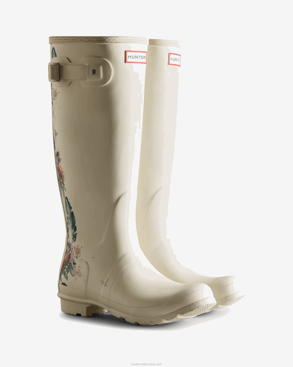 UK Hunter Women Botanical Print Tall Rain Boots Shaded White 28BV73