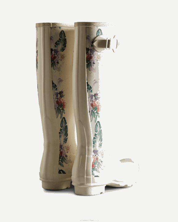 UK Hunter Women Botanical Print Tall Rain Boots Shaded White 28BV73