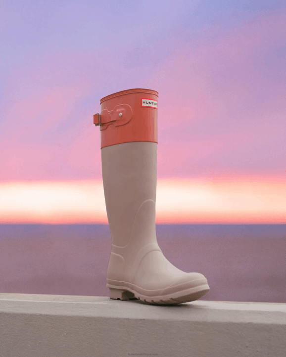 UK Hunter Women Colour Block Tall Rain Boots Skimming Stone/Coral Shade 28BV72