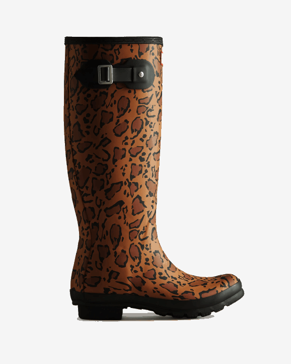 UK Hunter Women Leopard Print Tall Rain Boots Rich Tan/Saddle/Black 28BV168
