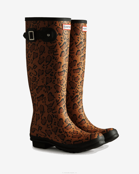 UK Hunter Women Leopard Print Tall Rain Boots Rich Tan/Saddle/Black 28BV168