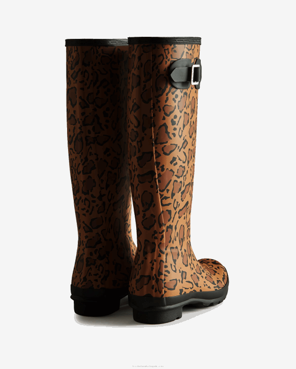 UK Hunter Women Leopard Print Tall Rain Boots Rich Tan/Saddle/Black 28BV168