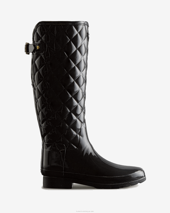 UK Hunter Women Refined Slim Fit Adjustable Quilted Tall Rain Boots Black 28BV92