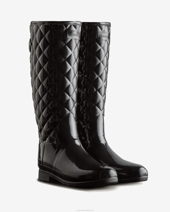 UK Hunter Women Refined Slim Fit Adjustable Quilted Tall Rain Boots Black 28BV92