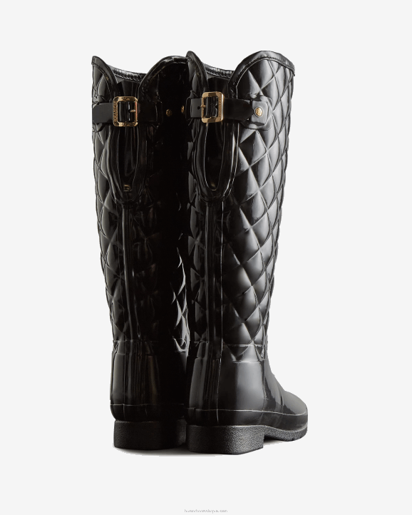 UK Hunter Women Refined Slim Fit Adjustable Quilted Tall Rain Boots Black 28BV92