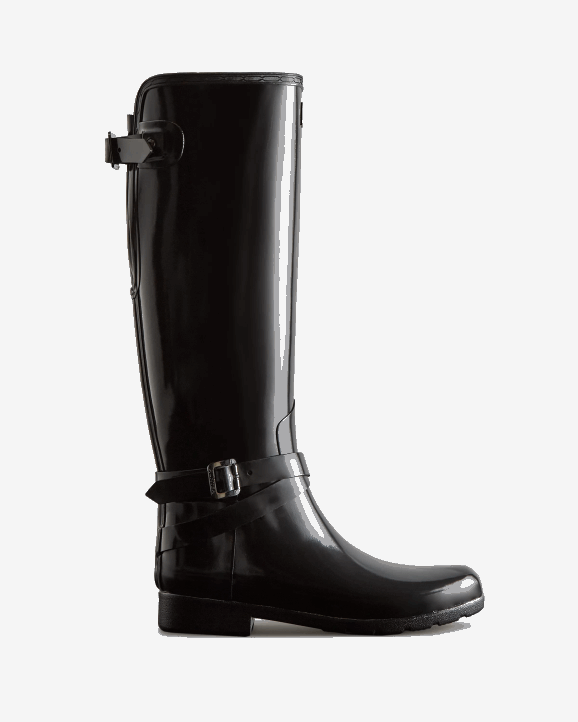 UK Hunter Women Refined Slim Fit Adjustable Tall Gloss Rain Boots Black 28BV226