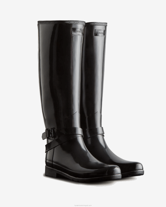 UK Hunter Women Refined Slim Fit Adjustable Tall Gloss Rain Boots Black 28BV226