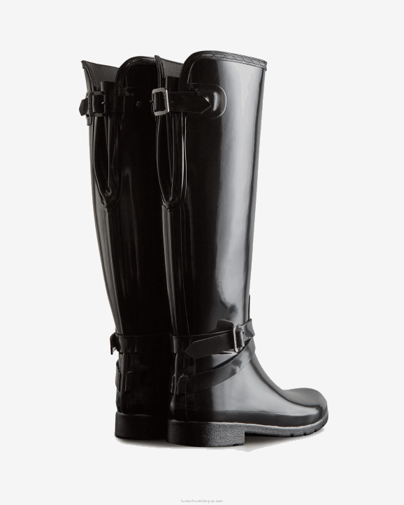 UK Hunter Women Refined Slim Fit Adjustable Tall Gloss Rain Boots Black 28BV226