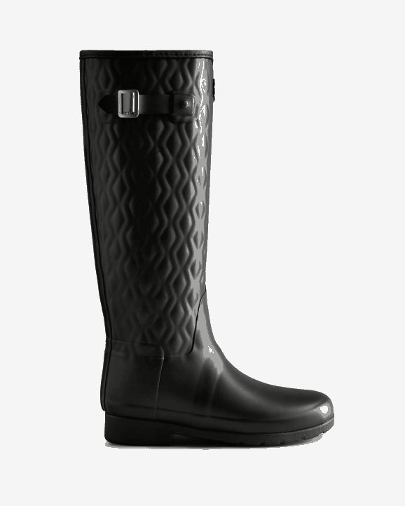 UK Hunter Women Refined Slim Fit Vertical Quilted Tall Rain Boots Black 28BV197