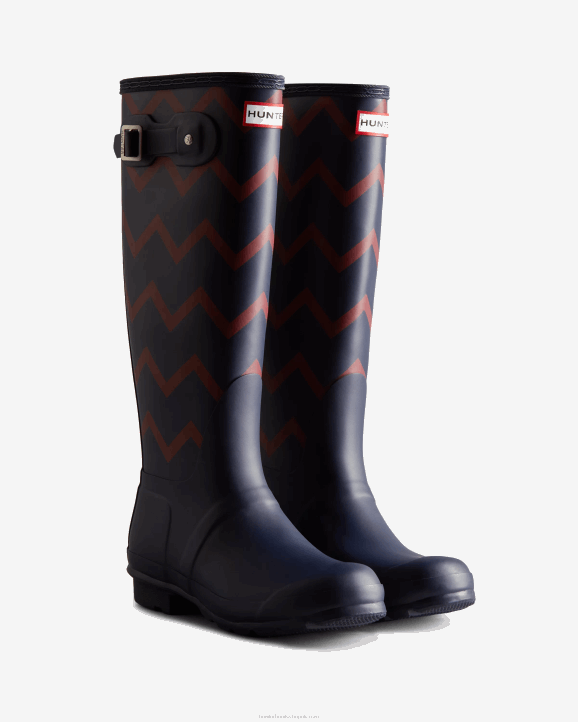 UK Hunter Women Rowing Blazers Zig Zag Tall Rain Boots Evening Blue/Sundried Red 28BV318
