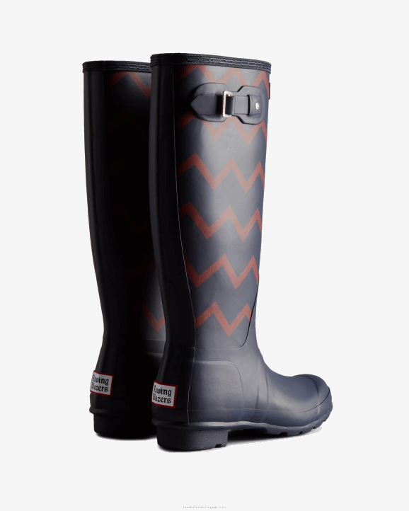 UK Hunter Women Rowing Blazers Zig Zag Tall Rain Boots Evening Blue/Sundried Red 28BV318