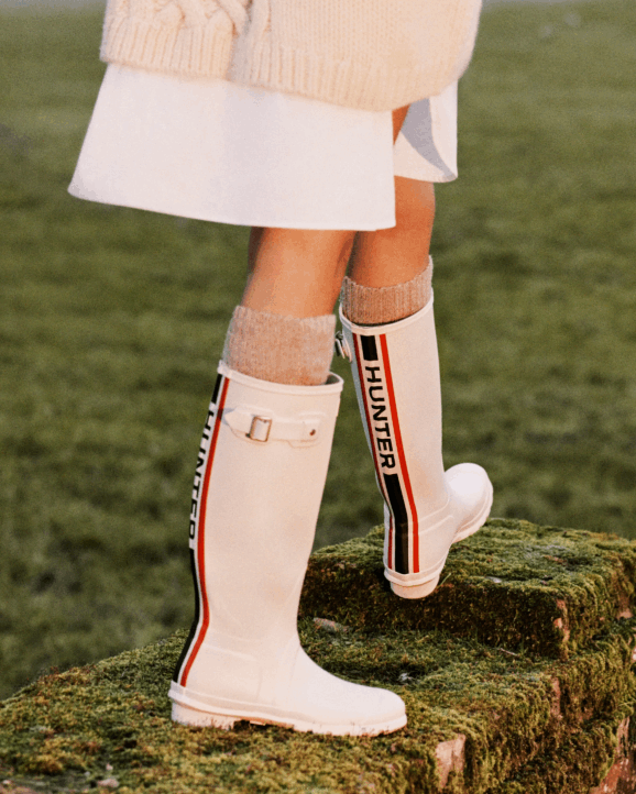 UK Hunter Women Tri-Colour Logo Backstrap Tall Rain Boots White Willow 28BV14