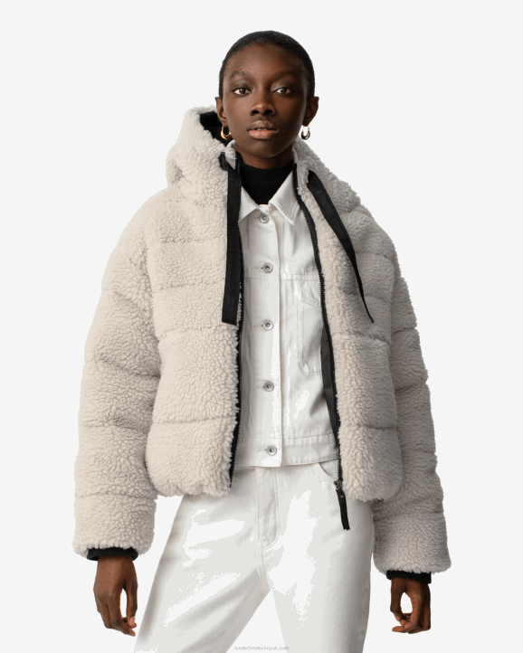 UK Hunter Women Wanderer Vegan Shearling Insulated Short Puffer Jacket Natural 28BV365